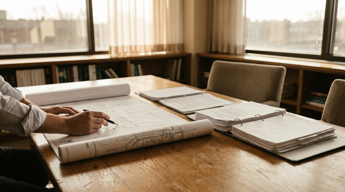 Blueprints and legal documents reviewed in natural light
